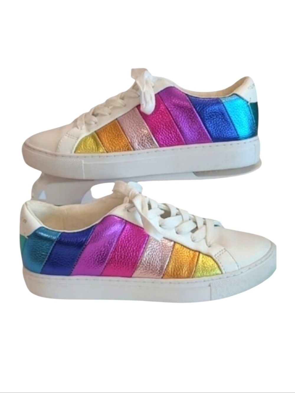 Kurt Geiger London Lane Stripe Sneaker Lace Up Low Top Leather Rainbow Stripes